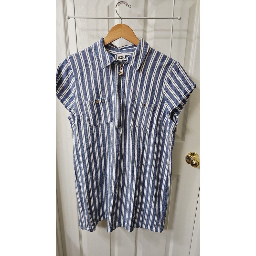 Anne Klein Blue and White Vertical Striped Quarter-Zip Shift Dress Size 16